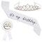 It's My Birthday Sash, Silver Rhinestone Tiara Crown, Ribbon Badge Pin for Women (White, 3 Piece Set)